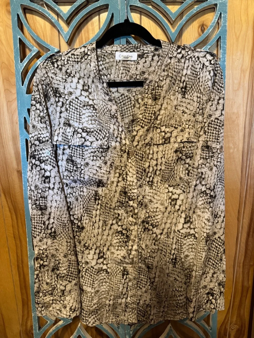 Calvin Klein Beige and Black Snakeskin Print V-Neck Blouse (missing one button) - Picture 1 of 6